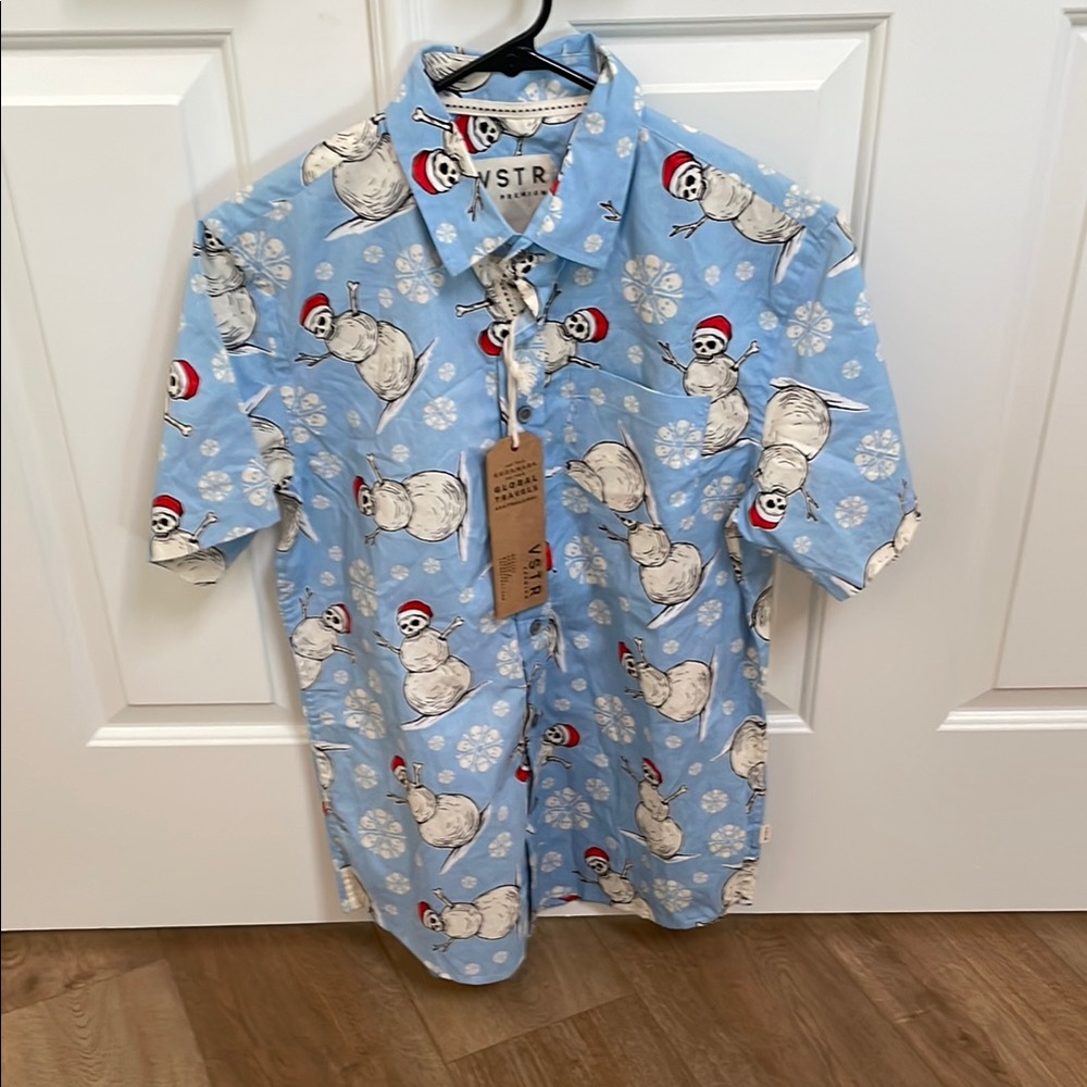 VSTR Vintage Blue Skull Snowman w/ Santa Hat Men’s button up